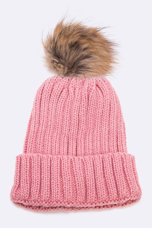 Raccoon Fur PomPom Beanie Acrylic Knit Cozy Modern