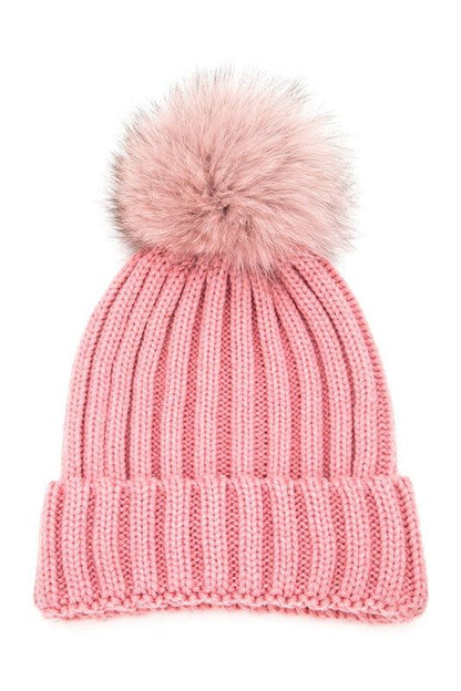 Raccoon Fur Pompom Beanie Acrylic Lined Everyday Winter