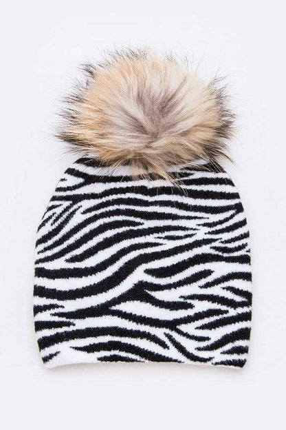 Raccoon Fur Pom Beanie Mix Print Iconic Cozy Detachable Pom