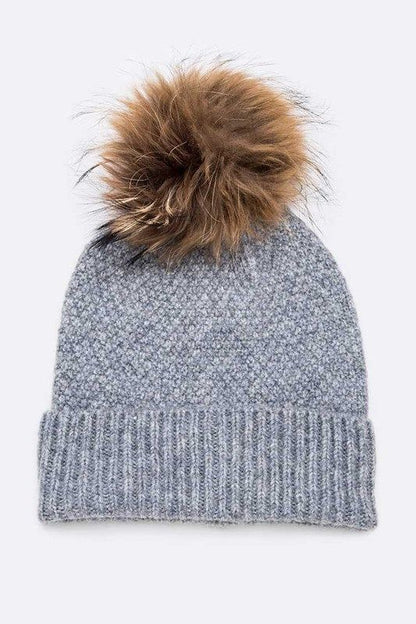 Raccoon Fur Pom Beanie Wool Blend Cozy Winter Style