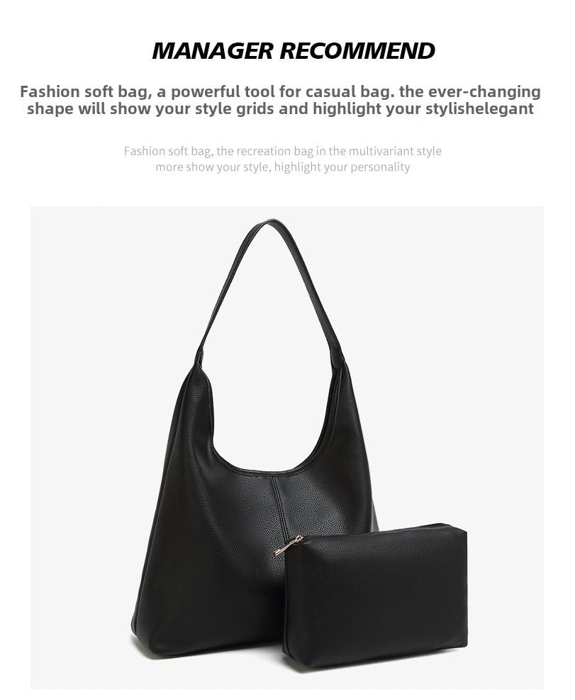 Black retro large-capacity tote bag with matching zippered pouch, Korean-style shoulder bag for cross-border fashion.