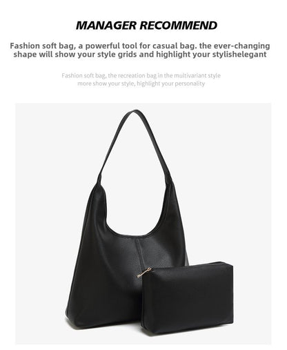 Black retro large-capacity tote bag with matching zippered pouch, Korean-style shoulder bag for cross-border fashion.
