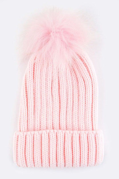 Raccoon Fur Pompom Beanie Acrylic Lined Everyday Winter
