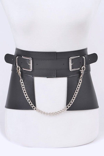 Chain Accent Faux Leather Belt For Skirt Adjustable