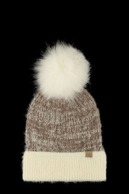 Yarn Beanie Super Soft Cozy Faux Fur Pom Knit Hat Warm