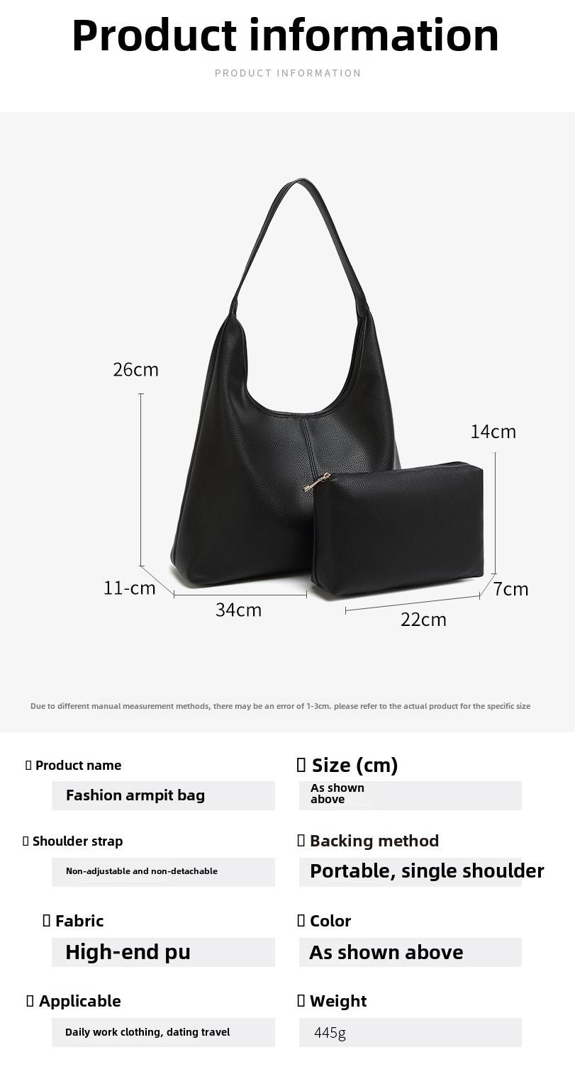 Black retro large-capacity tote with a single shoulder strap and matching zip pouch.