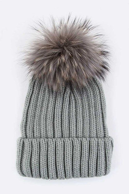 Raccoon Fur Pom Pom Beanie Acrylic Knit Winter Warm