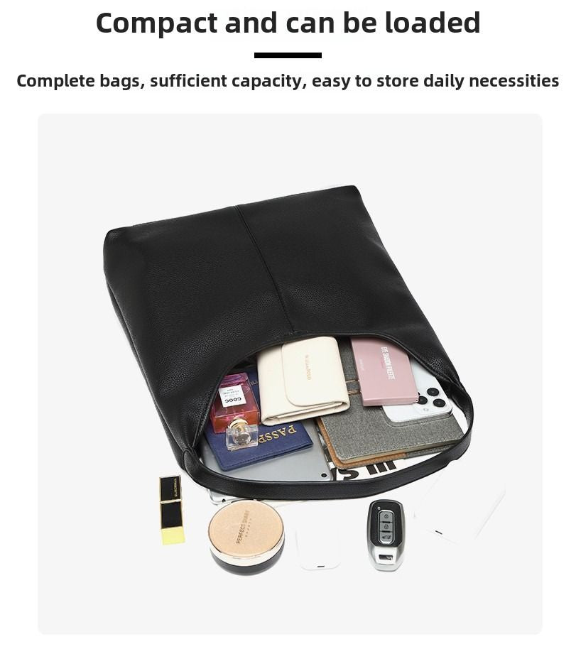 Retro cross-border foreign-trade tote bag for women; large-capacity Korean shoulder bag shown with essentials.